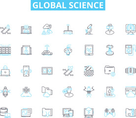 Global science linear icons set. Discovery, Innovation, Exploration, Advancement, Research, Technology, Breakthrough line vector and concept signs. Invention,Experiment,Curiosity outline illustrations