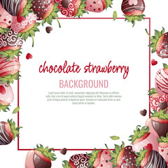 Postcard with chocolate strawberries. Border, frame with romantic sweet dessert, berry in chocolate syrup. Background with strawberries decorated with chocolate chips. Vector illustration. © Siawi_art
