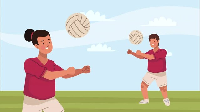 little kids couple practicing volleyball animation