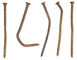 Old used and bent nails, rusted and oxidized close-up, isolated on a transparent background