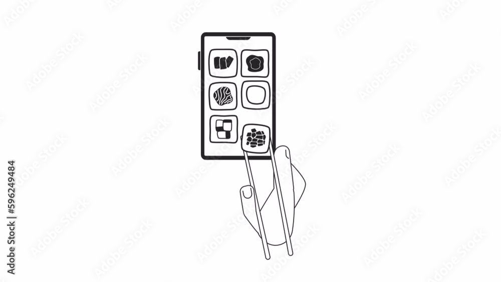 Aufkleber japanese food order bw animation. animated taking maki roll with chopsticks out 2d flat monochromati