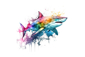 shark is drawn with multi-colored watercolors isolated on a white background. Generated by AI