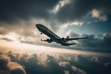 Fototapeta na wymiar An aircraft flies over cloudy skies. Generative AI