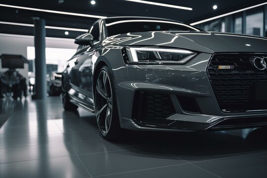 New gray car in modern showroom for car sales, leasing, and insurance. Generative AI
