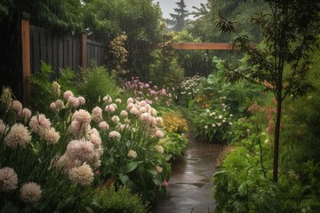 Fototapeta na wymiar heavy rain in a blooming garden