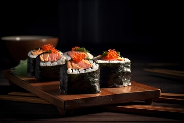 Sushis, Maki, Nigiri, California rolls, sur une planche en bois, arrière plan sombre et flou, illustration culinaire ia générative
