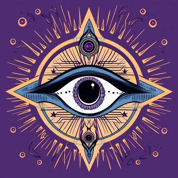 Peacefull and calm Illustation of the psychic eye or third eye, for mediumship, oracle, fortune tellers and psychics. Purple yellow and blue tones.
