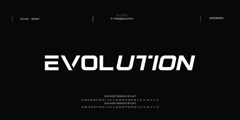 Futuristic modern techno sci fi display font, abstract clean geometric mech letter set evolution typeface