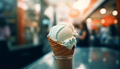 Vanilla ice cream in a waffle cone , the perfect dessert to satisfy your sweet cravings.