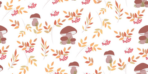 Seamless autumn pattern with autumn leaves and mushrooms. Perfect for printing on fabric decoration for kids room.