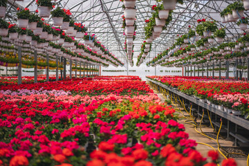 Large industrial flower greenhouse with blooming pelargoniums and geraniums in pots. Flower...