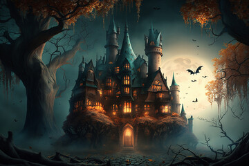 Fototapeta na wymiar Bats flying to fantasy castle on Halloween night. Generative ai.