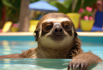 sloth in the pool, summer vacation. Generative Ai