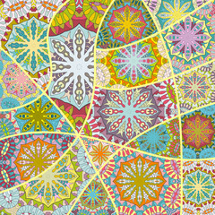 Vector patchwork quilt pattern. Vintage decorative collage. Hand drawn background. Indian, Arabic, Turkish motifs for printing on fabric or paper. Abstract colorful doodle pattern in mosaic style