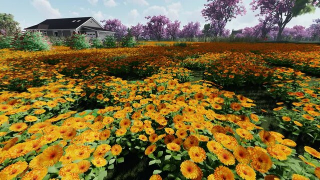 A lawn of English marigolds, yellow flower landscape, 4K
