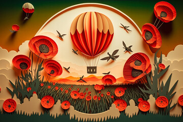 Hot air balloon over poppy field,  paper craft art or origami style for baby nursery, children design.Generative ai.