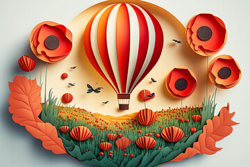 Hot air balloon over poppy field,  paper craft art or origami style for baby nursery, children design.Generative ai.