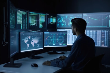 Data science and big data technology. Data scientist computing, analysing and visualizing complex data set on computer. Data mining, artificial intelligence, machine learning, business analytics