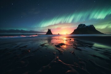Naklejka na ściany i meble Vibrant aurora borealis illuminate Iceland's beach. Generative AI