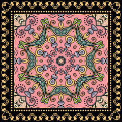 Decorative doodle ornament, symmetric pattern with lace frame. Tribal ethnic mandala decor. Bandana shawl, hijab, tablecloth fabric print, silk neck scarf, kerchief design. Colorful vector background
