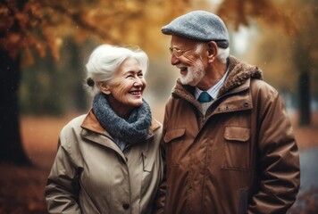 Elderly senior couple walking and laughing together in a park on a beautiful autumn day, loving bond, enduring friendship, heartwarming scene of lifelong love, companionship, generative ai