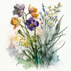 Watercolour painting of a beautiful flower bouquet on a neautral background. Generative AI illustration. Greeting card