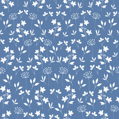 Seamless pattern for your design. White grass and leaves on blue background. Illustration can be used for templates, wallpaper. 