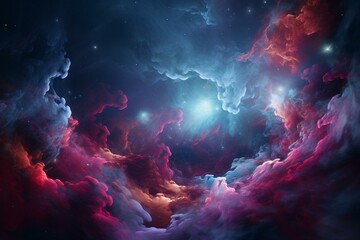 Obraz na płótnie Canvas Abstract universe background with shining space clouds in purple, red and blue colors. Generative AI