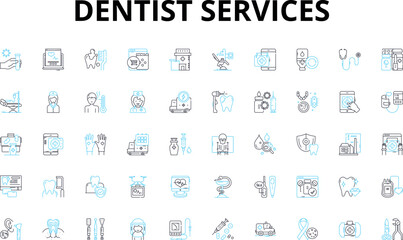 Dentist services linear icons set. Cleaning, Root canal, Braces, Whitening, Filling, Extraction, Crown vector symbols and line concept signs. Implant,Orthodontics,Periodontics illustration
