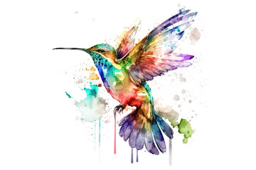 hummingbird draw with multicolored watercolor paints isolated on white background. Generated by AI