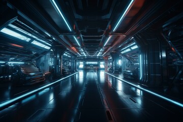 Futuristic garage hangar with glowing blue laser tubes, dark metallic tunnel warehouse, and construction corridor. Generative AI