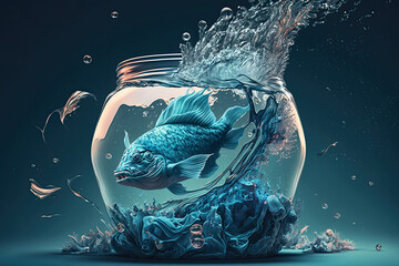 Big fish in aquarium and splashes of water . AI Generated - obrazy, fototapety, plakaty