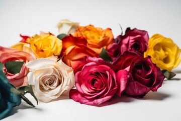 White background with multicolored roses including red, yellow, and pink. Generative AI