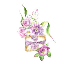 Floral watercolor illustration composition with garden flowers, such as purple chrysanthemum, gentle pink roses, green foliage, curvy leaves, with vintage style letters, png, isolated