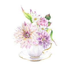 Bouquet of flowers in vase, vintage style, garden florals, spring and summer blooms, watercolor clipart on transparent background, wedding composition