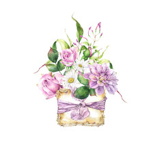 Premade composition with watercolor garden flowers and vintage shabby letters, romantic clipart on transparent background, bunch of flowers, perfect for invitation, greeting cards, paper crafts