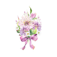 Watercolor arrangement with dahlias, chrysanthemum, roses, leaves, wedding bouquet clipart on transparent background,