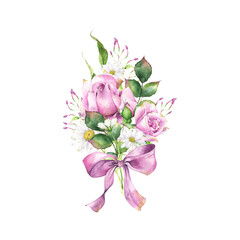 Romantic composition of watercolor flowers, clipart of bunch of garden florals, with pink roses, white daisies, green branches, leaves, buds, wedding bouquet