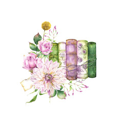Watercolor illustration clipart on transparent background, pre made arrangement with shabby books, flowers, perfect for scrapbooking, invitations, paper crafts, tags, cards