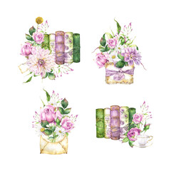 Romantic collection of watercolor compositions with shabby, vintage books, garden flowers, letters, perfect for scrapbooking , wedding design, invitations, craft