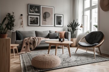 Stylish Living Room Interior with Beautiful Wall Art, Generative AI