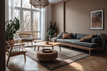 Stylish Living Room Interior with Beautiful Wall Art, Generative AI