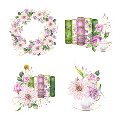 Watercolor isolated compositions on transparent background, floral wreath, arrangements with books and flowers, blooms in a cup clipart