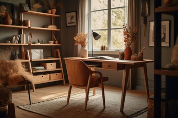Creative home office with wooden furniture, Generative AI