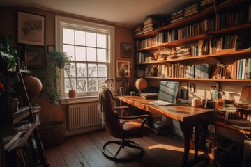 Creative home office with wooden furniture, Generative AI