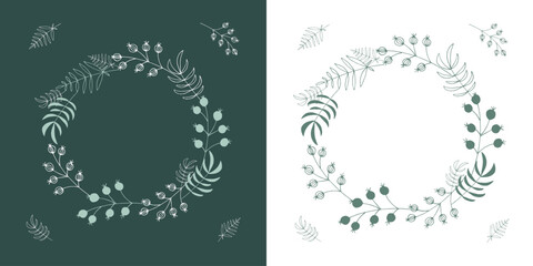 Two wreaths with green twigs and leaves. Hand-drawn vector illustration for greeting and invitation card, postcards.
