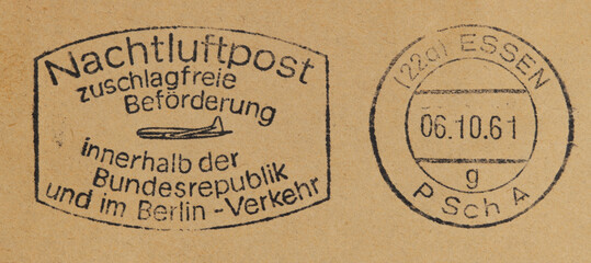 briefmarke stamp vintage retro alt old braun brown papier paper nachtluftpost slogan werbung essen...