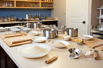 Naklejka na ściany i meble baking workshop, with rolling pins and bowls of ingredients on the counter, created with generative ai