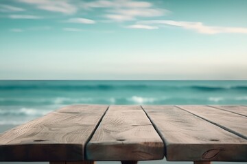 Naklejka na ściany i meble Wooden Table at the Beach Product Background: Light Teal and Beige in Ethereal Seascapes - Generative AI