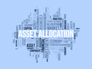 Word cloud background concept for Asset allocation. Money management, financial market strategy of business analysis. vector illustration.